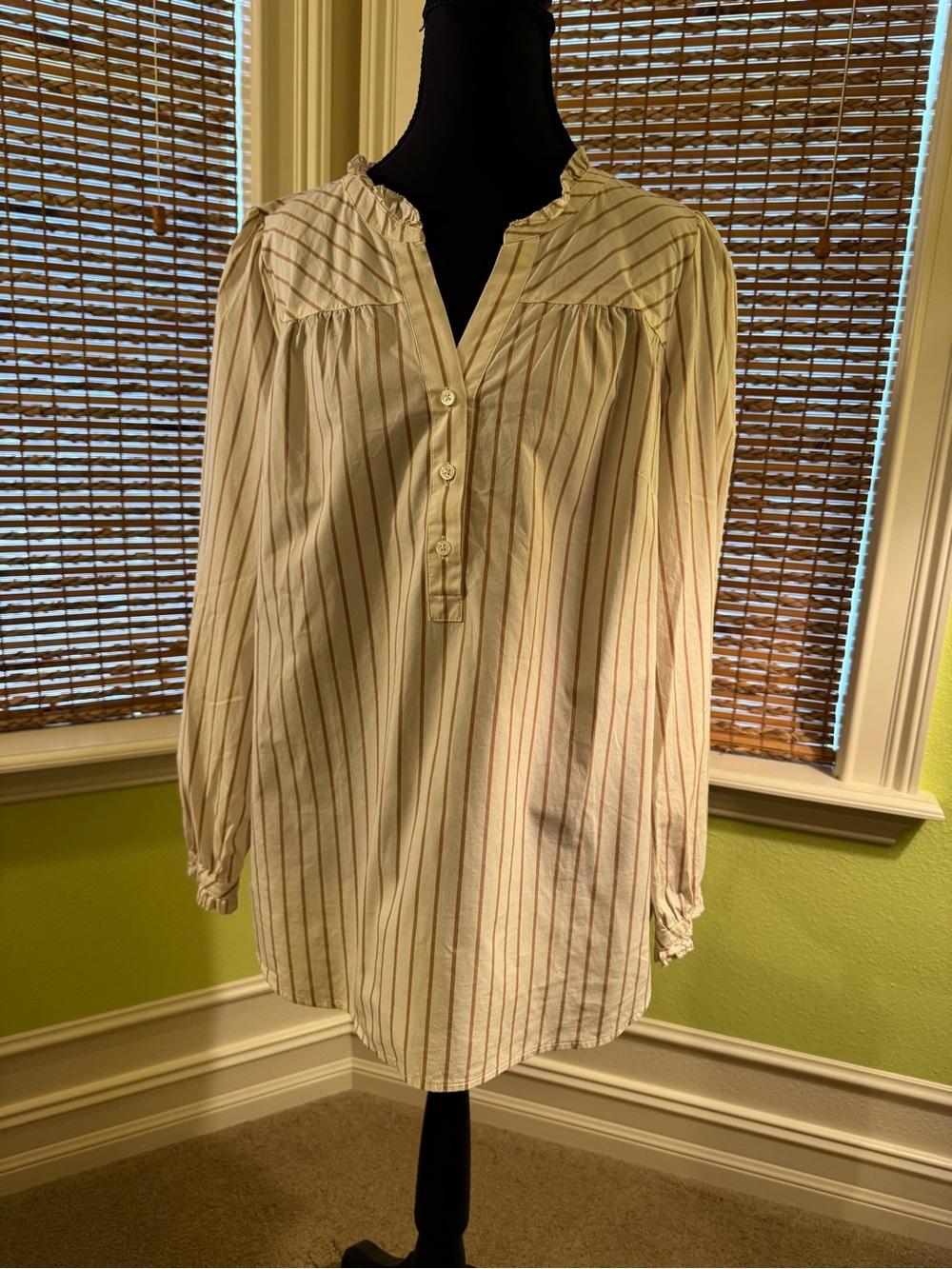 Striped Button Front Peasant Blouse - Ivory with Thin Camel Stripes
